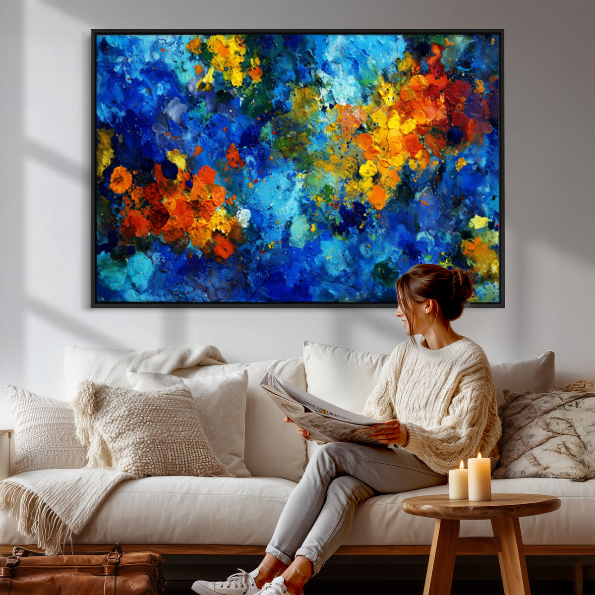52431611-MGV-CV-36X24 - Vibrant Blue Abstract Canvas Wall Art Colorful Impasto Oil Painting Print