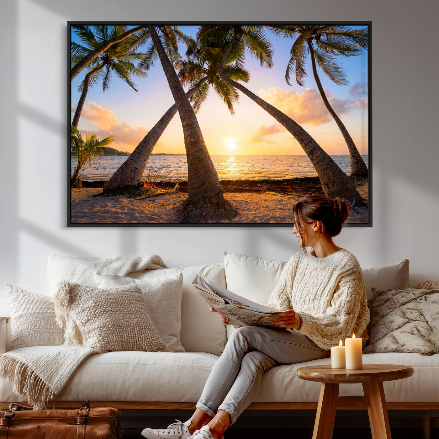 75123213-MGV-CV-36X24 - Tropical Island Coconut Palm Trees Sunset Wall Art Canvas Print - Turquoise Beach Print for Nautical Home Decor