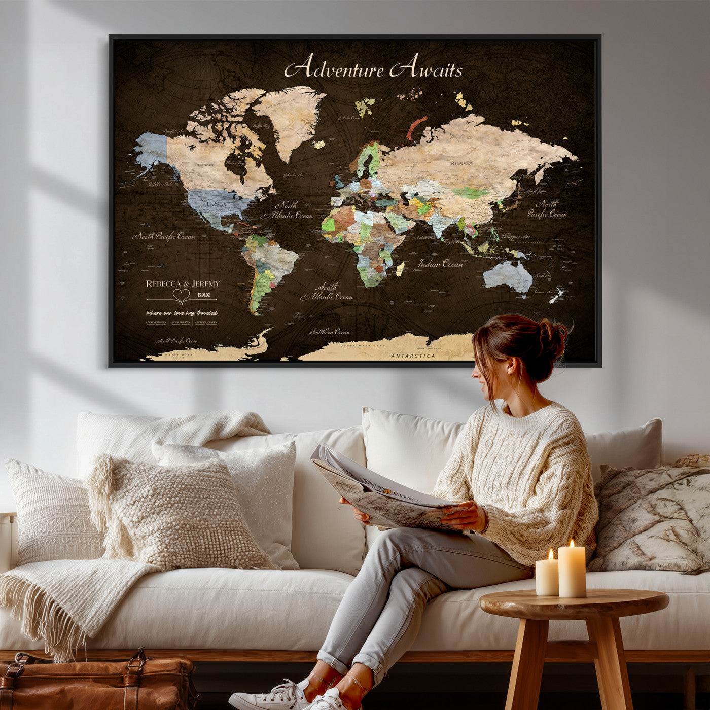 95753799-MGV-CV-36X24 - Custom Push Pin World Map Canvas Print – Personalized Travel Map Wall Art
