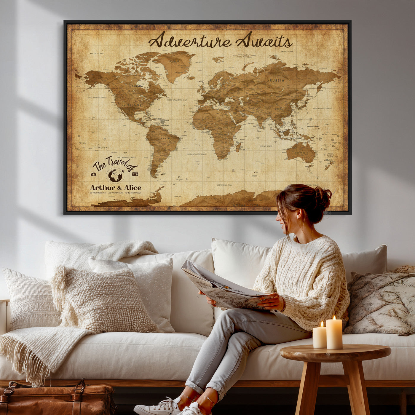 43427501-MGV-CV-36X24 - Custom Push Pin World Map Canvas Print – Personalized Travel Map Wall Art