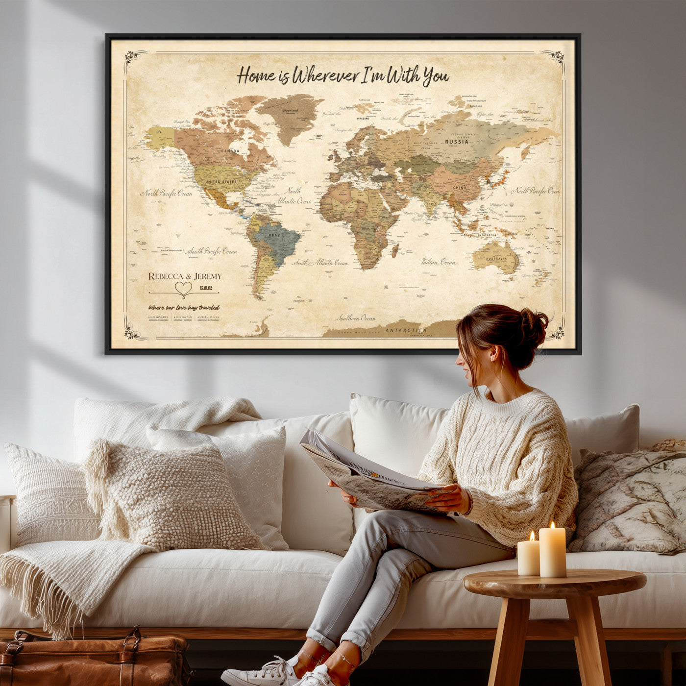 40086165-MGV-TP-30X20 - Framed Vintage Custom Push Pin World Map Canvas Print – Personalized Travel Map Wall Art