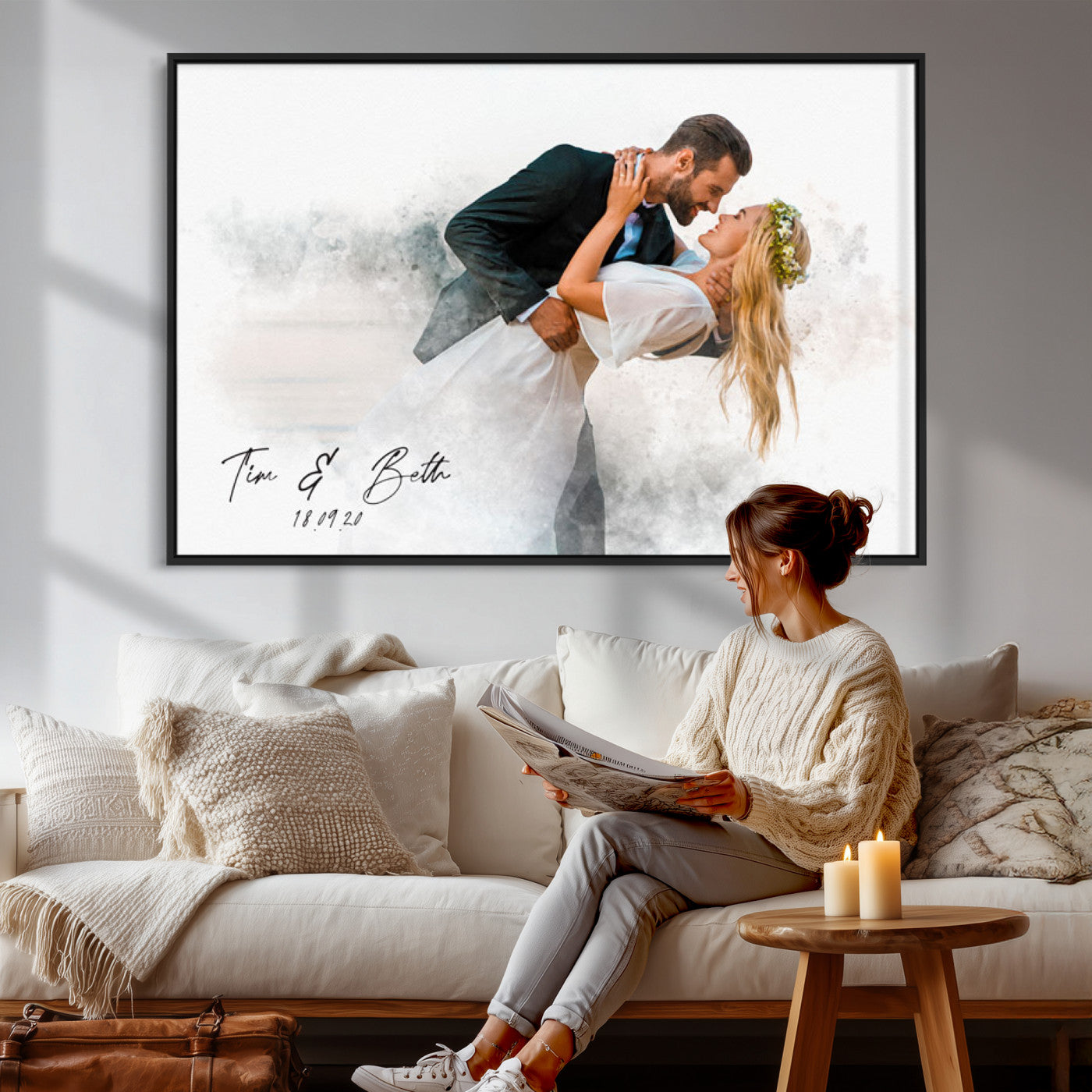 39726003-MGV-CV-36X24 - Watercolor Couple Portrait from Photo, Custom Wedding Anniversary Gift for Wife Husband Parents, Engagement Gift for Friend