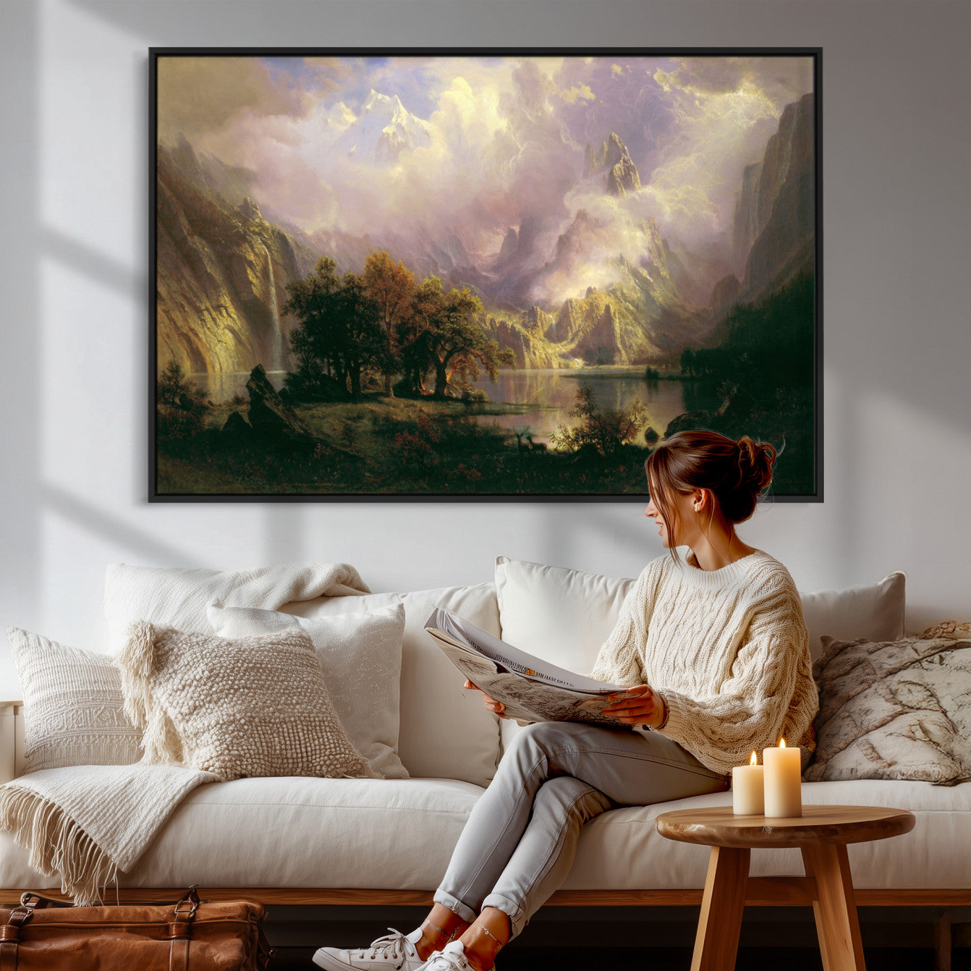 49189463-MGV-CV-36X24 - Albert Bierstadt Rocky Mountain Landscape Wall Art Canvas Print, Classic Fine Art Painting Print