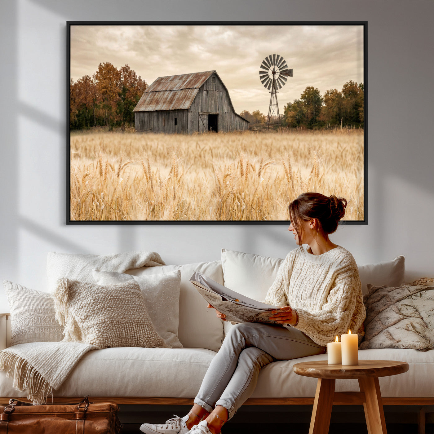 99640659-MGV-CV-36X24 - Rustic Farmhouse Barn and Windmill Wall Art Canvas Print, Country Landscape Photography Print