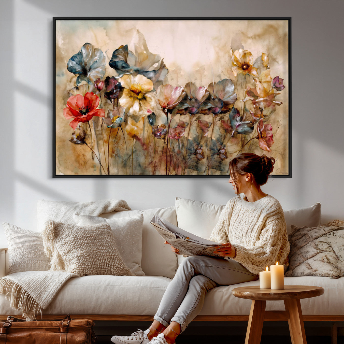 11407233-MGV-CV-36X24 - Vintage Dried Floral Meadow Wall Art Canvas Print, Translucent Watercolor Flowers Painting Print