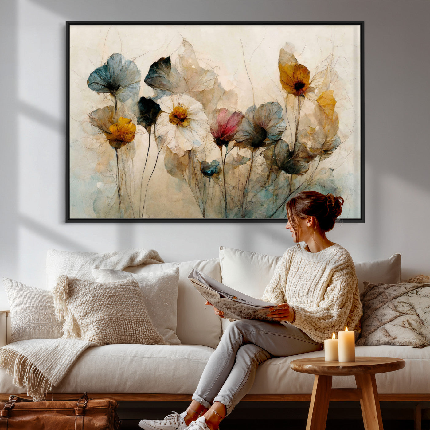 86802229-MGV-CV-36X24 - Vintage Dried Floral Meadow Wall Art Canvas Print, Translucent Watercolor Flowers Painting Print