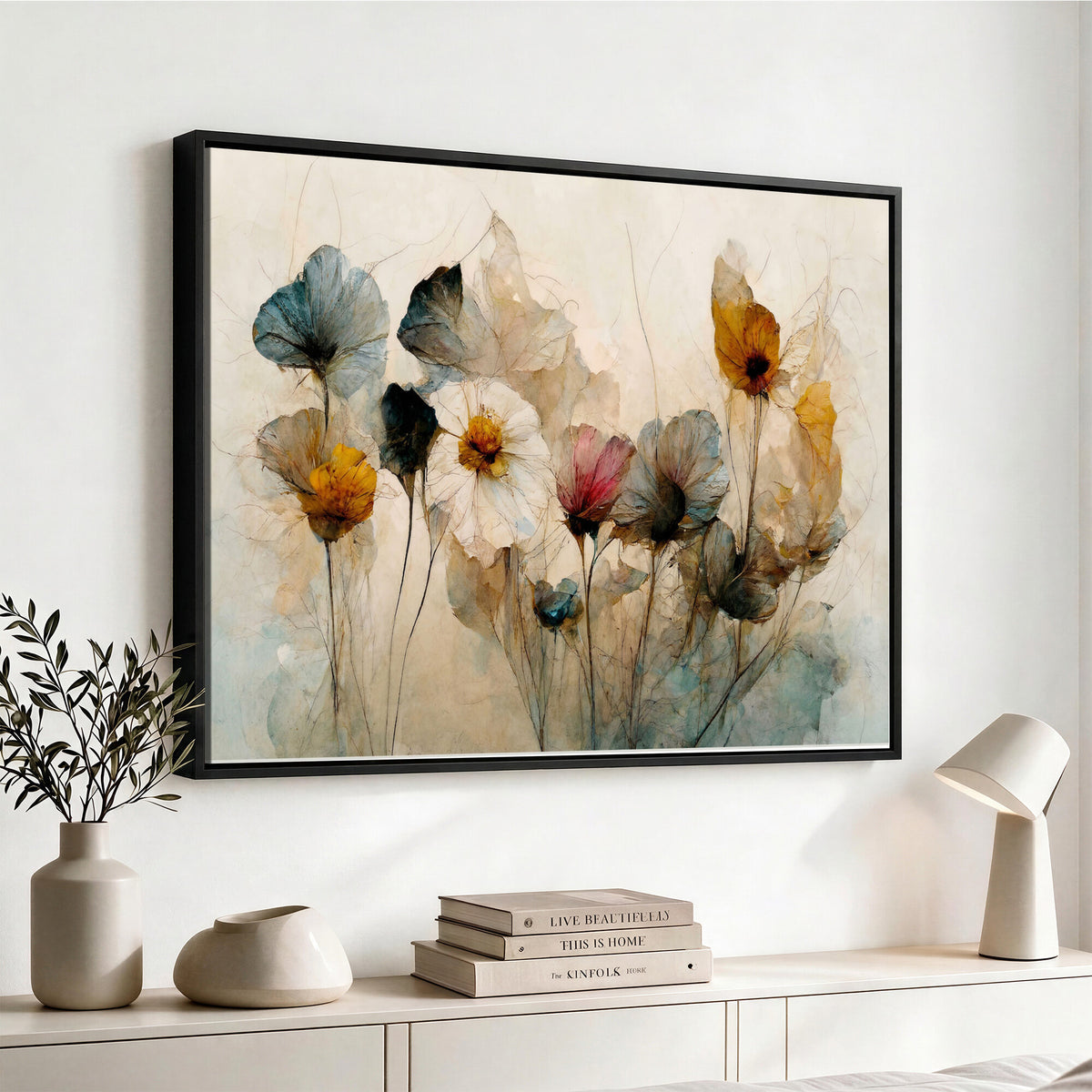 86802229-MGV-CV-36X24 - Vintage Dried Floral Meadow Wall Art Canvas Print, Translucent Watercolor Flowers Painting Print