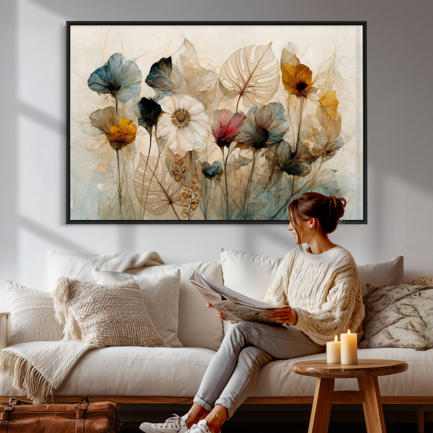 93171612-MGV-CV-36X24 - Vintage Dried Floral Meadow Wall Art Canvas Print, Translucent Watercolor Flowers Painting Print