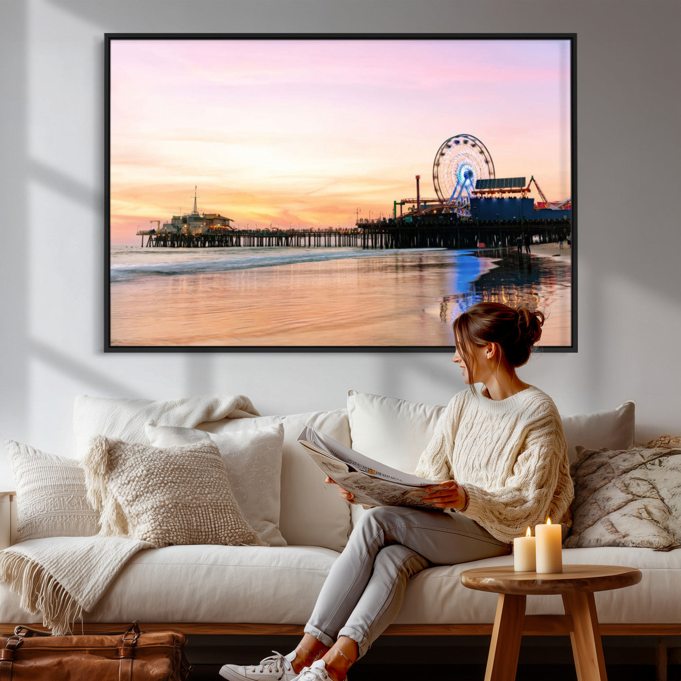 27381272-MGV-CV-36X24 - Santa Monica Pier Sunset Beach Wall Art Canvas Print, California Ferris Wheel Photo Print