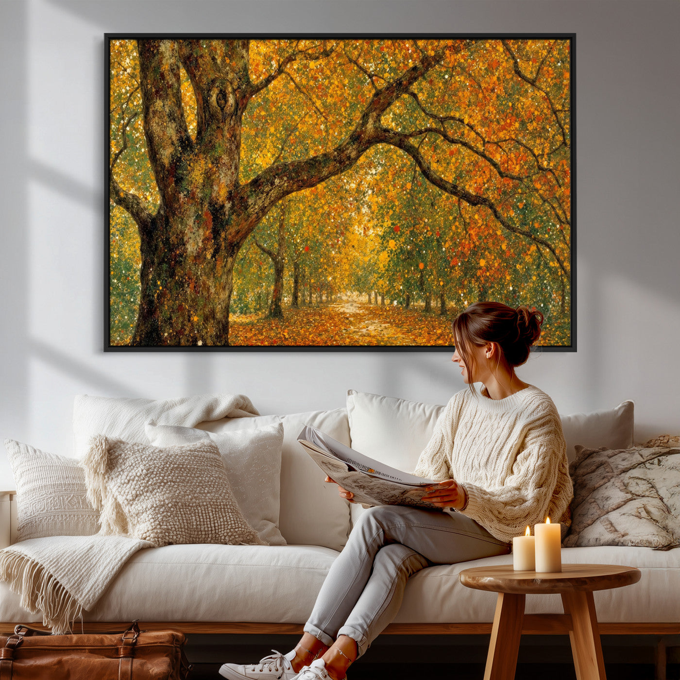 11536138-MGV-CV-36X24 - Vintage Autumn Forest Path Wall Art Canvas Print, Golden Leaves Impressionist Painting Print