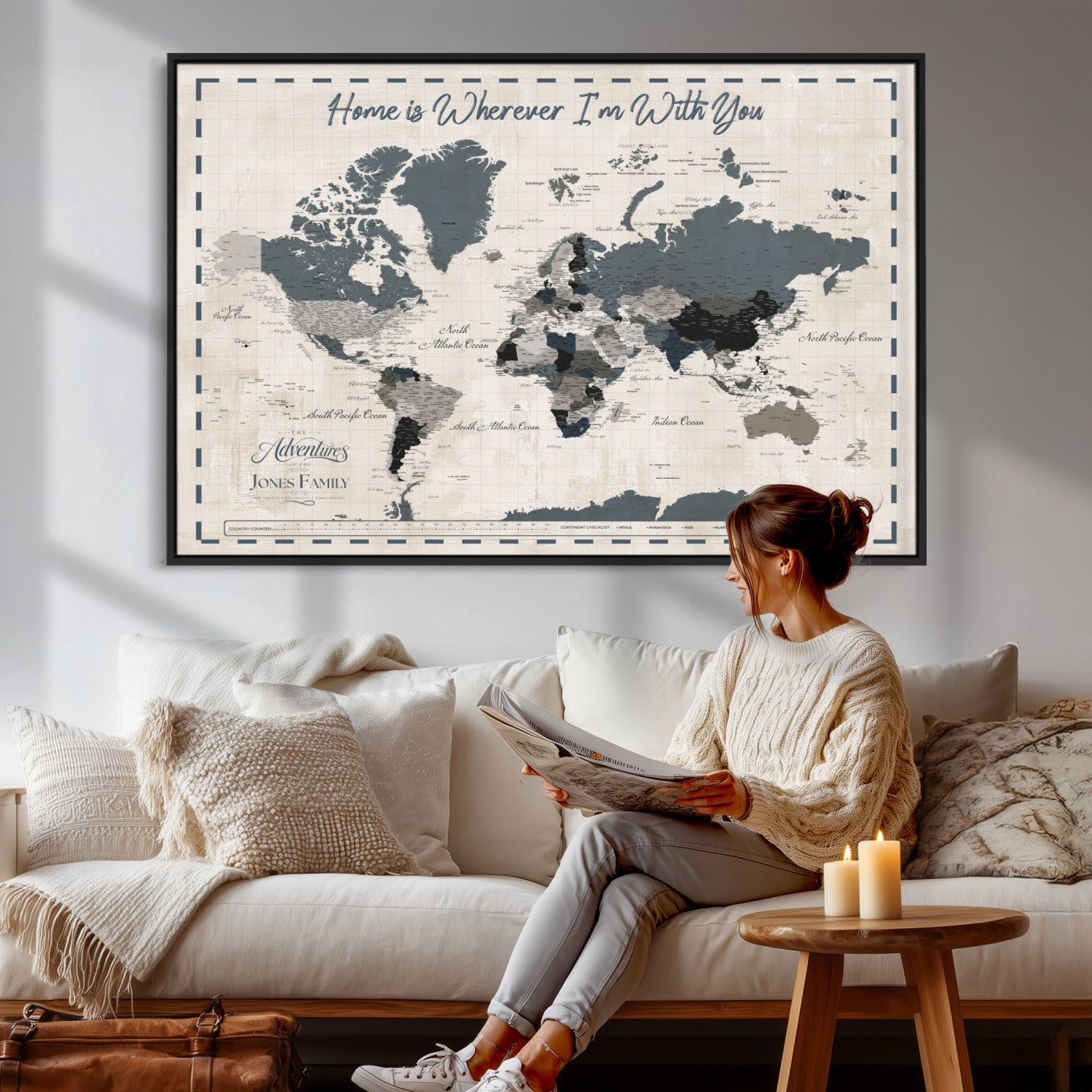 400867164-MGV-CV-36X24 - Framed Blue Custom Push Pin World Map Canvas Print – Personalized Travel Map Wall Art