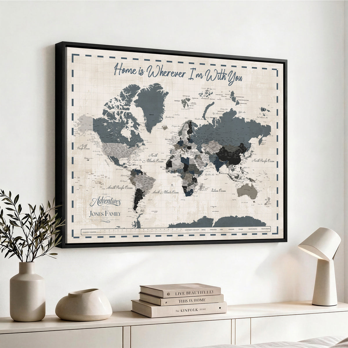 400867164-MGV-CV-36X24 - Framed Blue Custom Push Pin World Map Canvas Print – Personalized Travel Map Wall Art