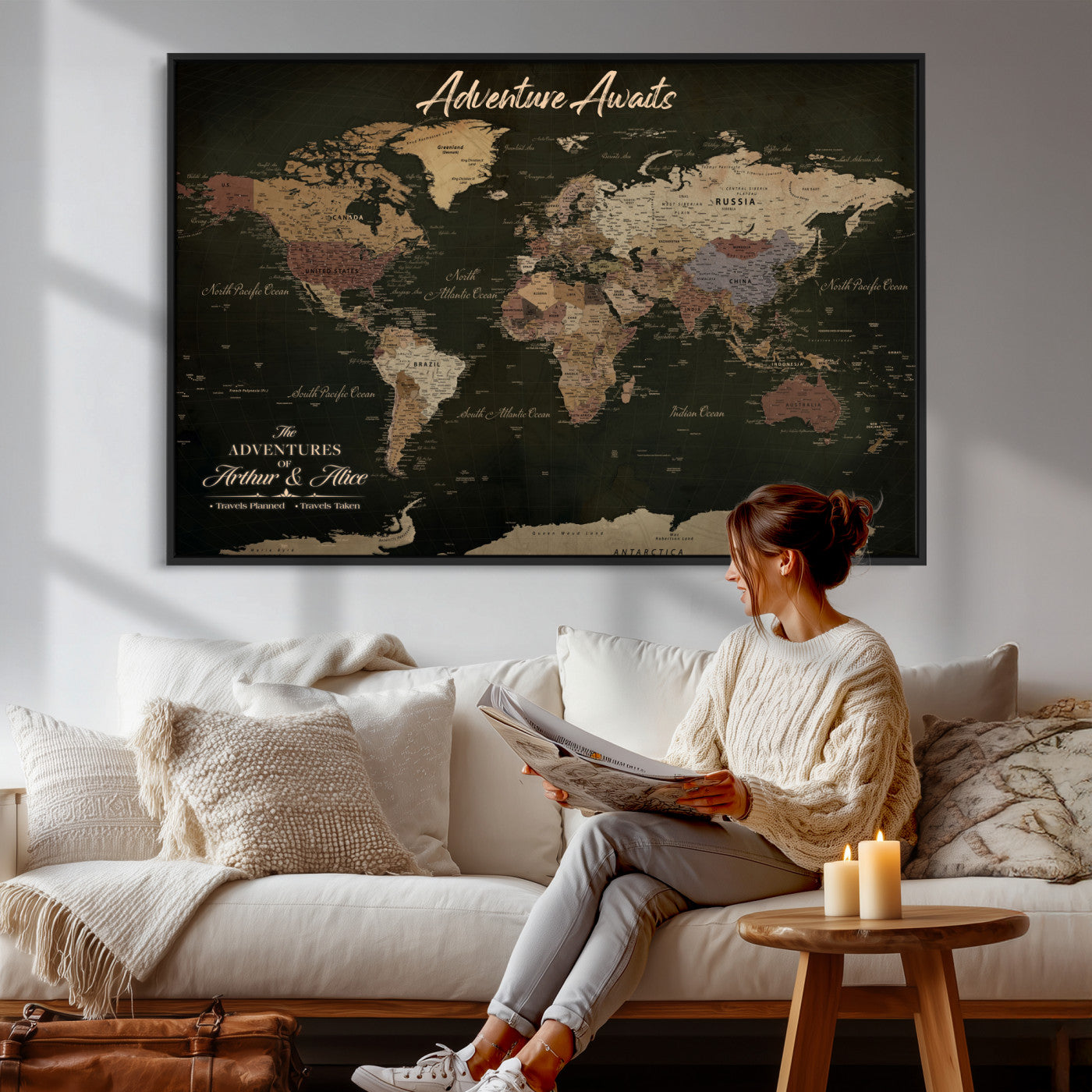 46935759-MGV-CV-36X24 - Custom Push Pin World Map Canvas | Personalized Travel Tracker | Wedding Anniversary Gift for Couples | Adventure Map Wall Art with Pins