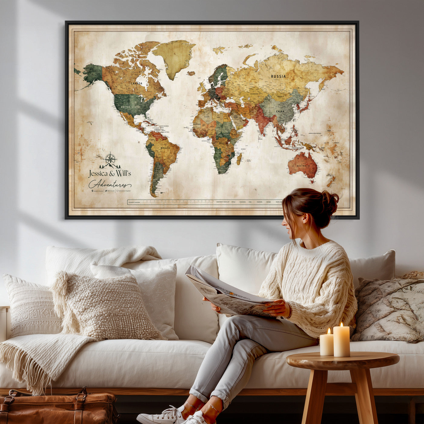 19542567-MGV-CV-36X24 - Custom Push Pin World Map Canvas | Personalized Travel Tracker | Wedding Anniversary Gift for Couples | Adventure Map Wall Art with Pins