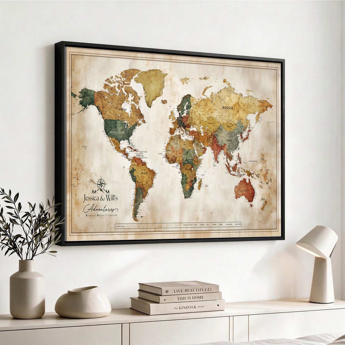 19542567-MGV-CV-36X24 - Custom Push Pin World Map Canvas | Personalized Travel Tracker | Wedding Anniversary Gift for Couples - Adventure Map Wall Art with Pins