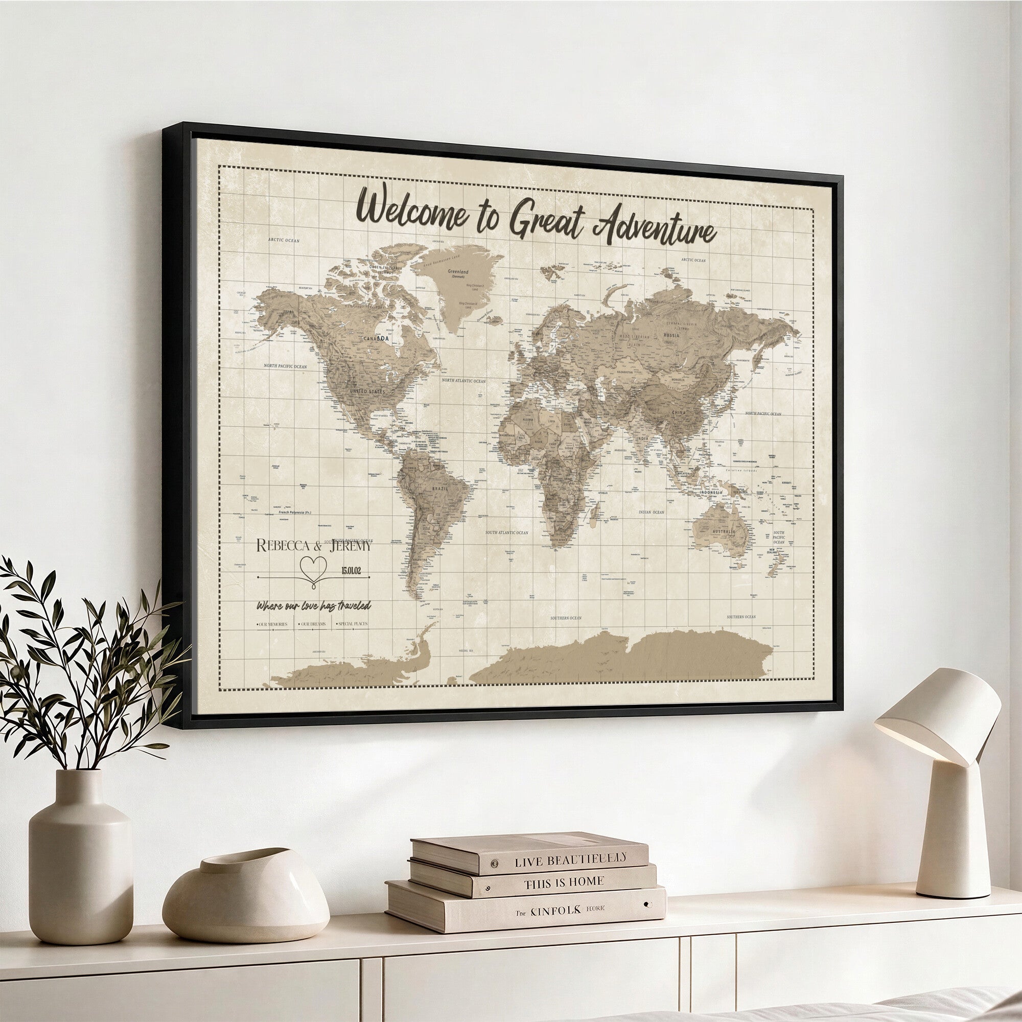 51180020-MGV-CV-36X24 - Custom Push Pin Travel Map Canvas Print, Cream Personalized Travel Tracker Map, Anniversary Gift, Vintage World Map Wall Art
