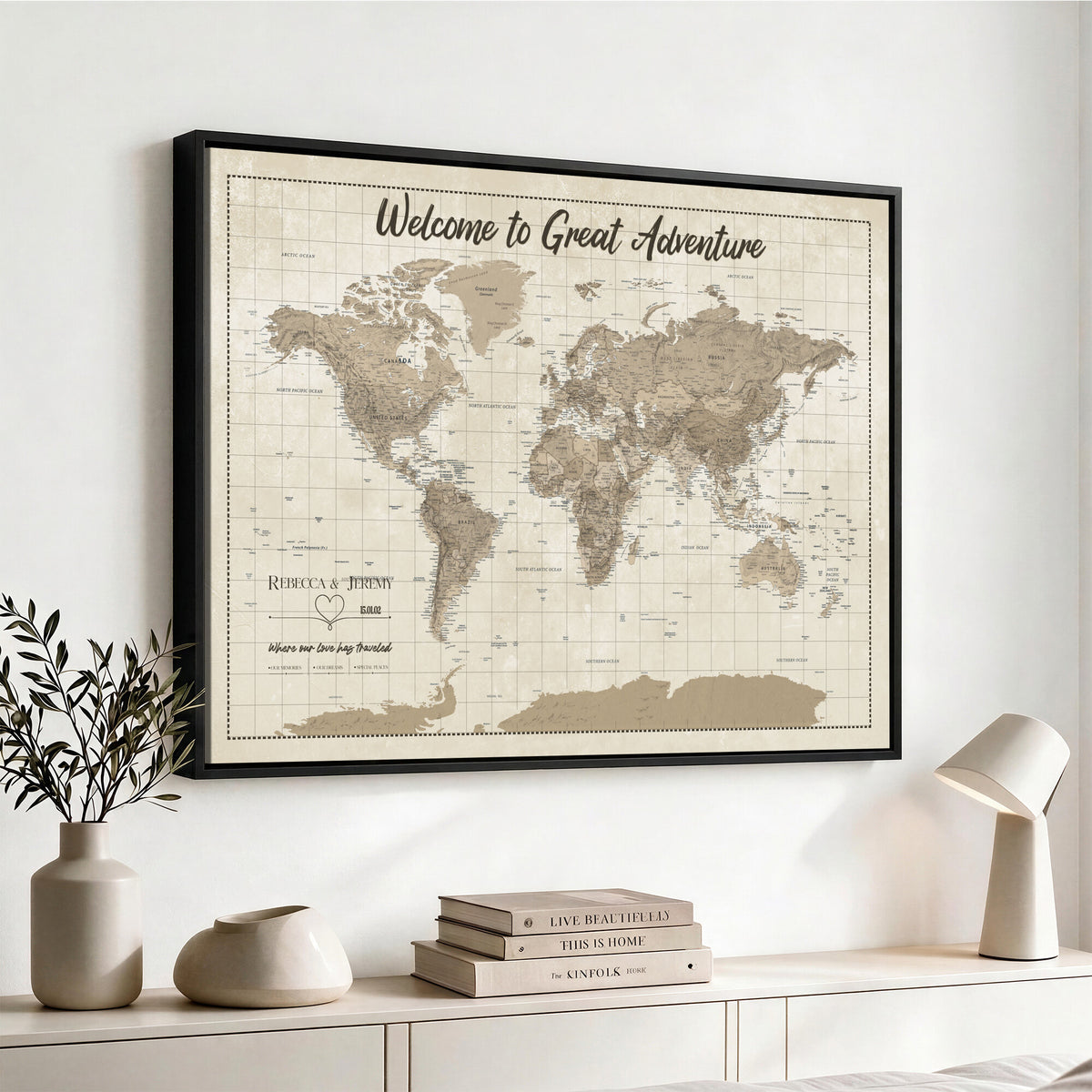 51180020-MGV-CV-36X24 - Custom Push Pin Travel Map Canvas Print, Cream Personalized Travel Tracker Map, Anniversary Gift, Vintage World Map Wall Art