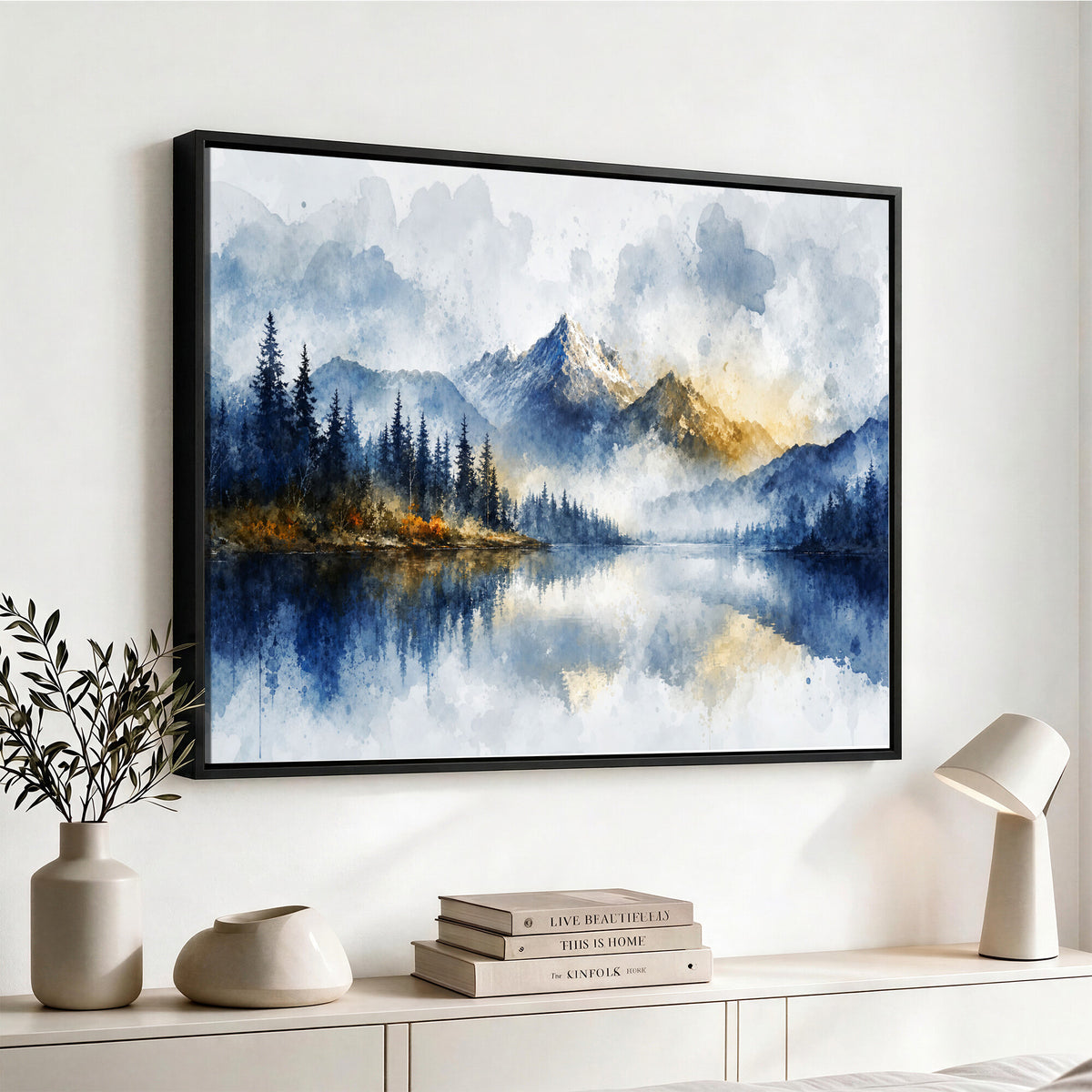 62076449DG-MGV-CV-36X24 - Abstract Watercolor Mountain Lake Wall Art Print for Living Room Decor