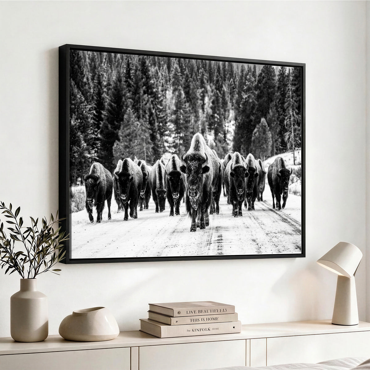 79337077-MGV-CV-36X24 - Black and White Bison Canvas Art, American Buffalo Print, Winter Wildlife Photography, Rustic Forest Wall Decor, Large Statement Nature Gift