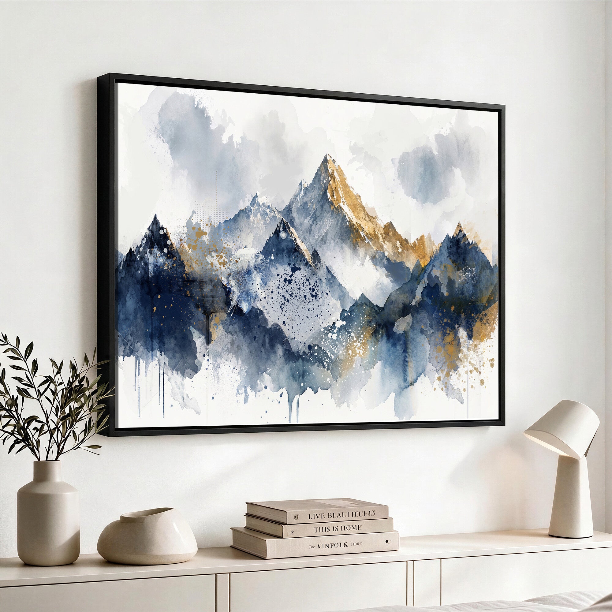 87460616-MGV-CV-36X24 - Abstract Mountain Canvas Wall Art, Blue Gold Foil Landscape Print, Modern Indigo Watercolor Poster, Large Abstract Nature, Luxury Office Gift
