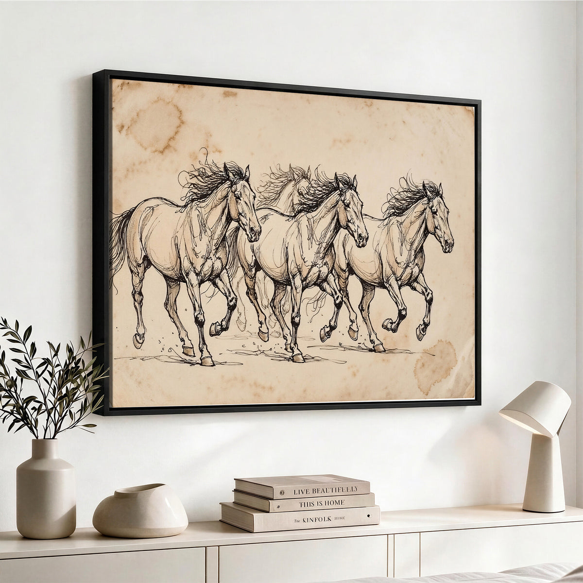 18242163-MGV-CV-36X24 - Vintage Horse Sketch Canvas Wall Art, Wild Horses Pencil Drawing Print, Antique Parchment Western Decor, Equine Sketching, Country Manor Gift