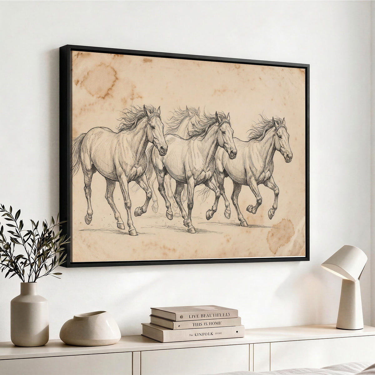 16644391-MGV-CV-36X24 - Vintage Horse Sketch Canvas Wall Art, Wild Horses Pencil Drawing Print, Antique Parchment Western Decor, Equine Sketching, Country Manor Gift