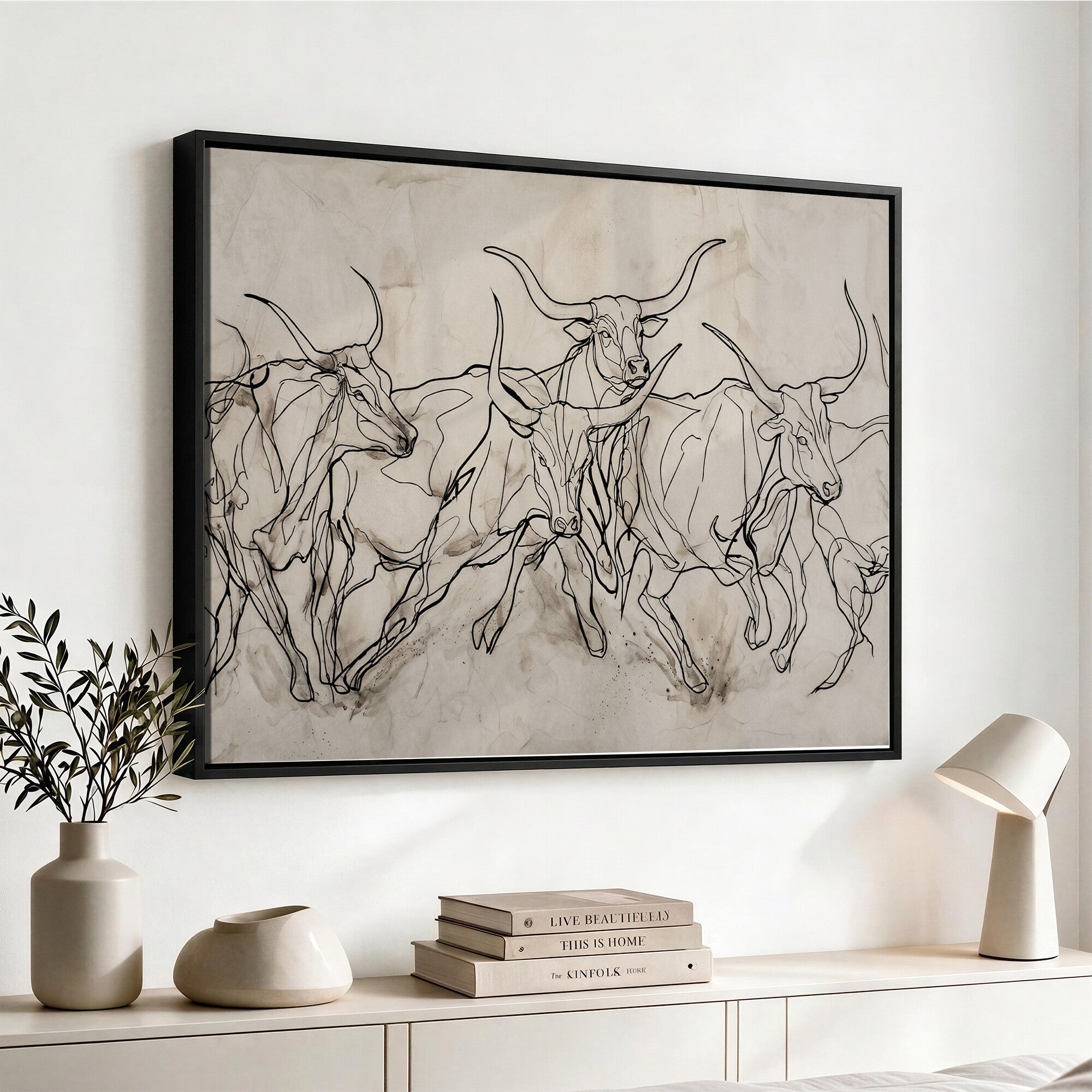 16671245-MGV-CV-36X24 - Minimalist Longhorn Line Art, Modern Texas Bull Canvas Print, Abstract Western Wall Decor, Continuous Line Artwork, Black White Ranch Gift