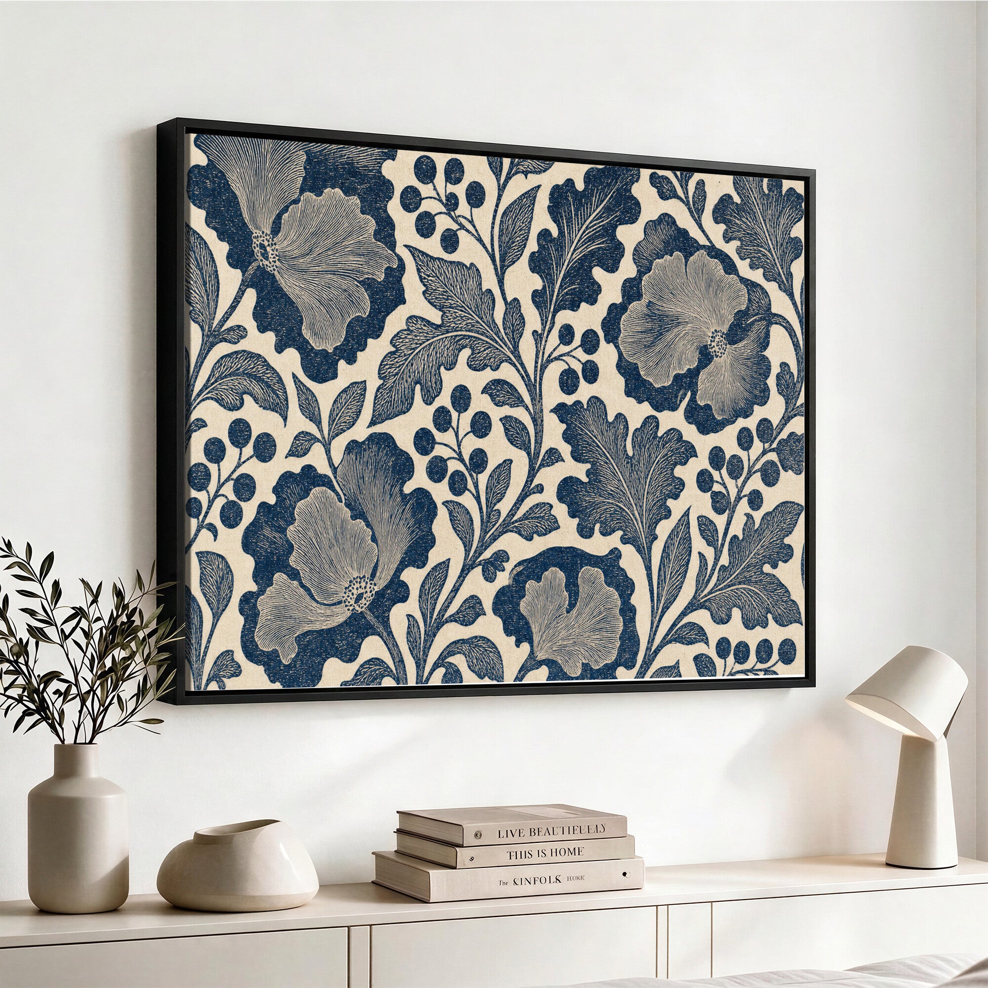 23824002-MGV-CV-36X24 - William Morris Style Navy Blue Floral Wall Art Canvas Print, Vintage Cream Botanical Painting Print