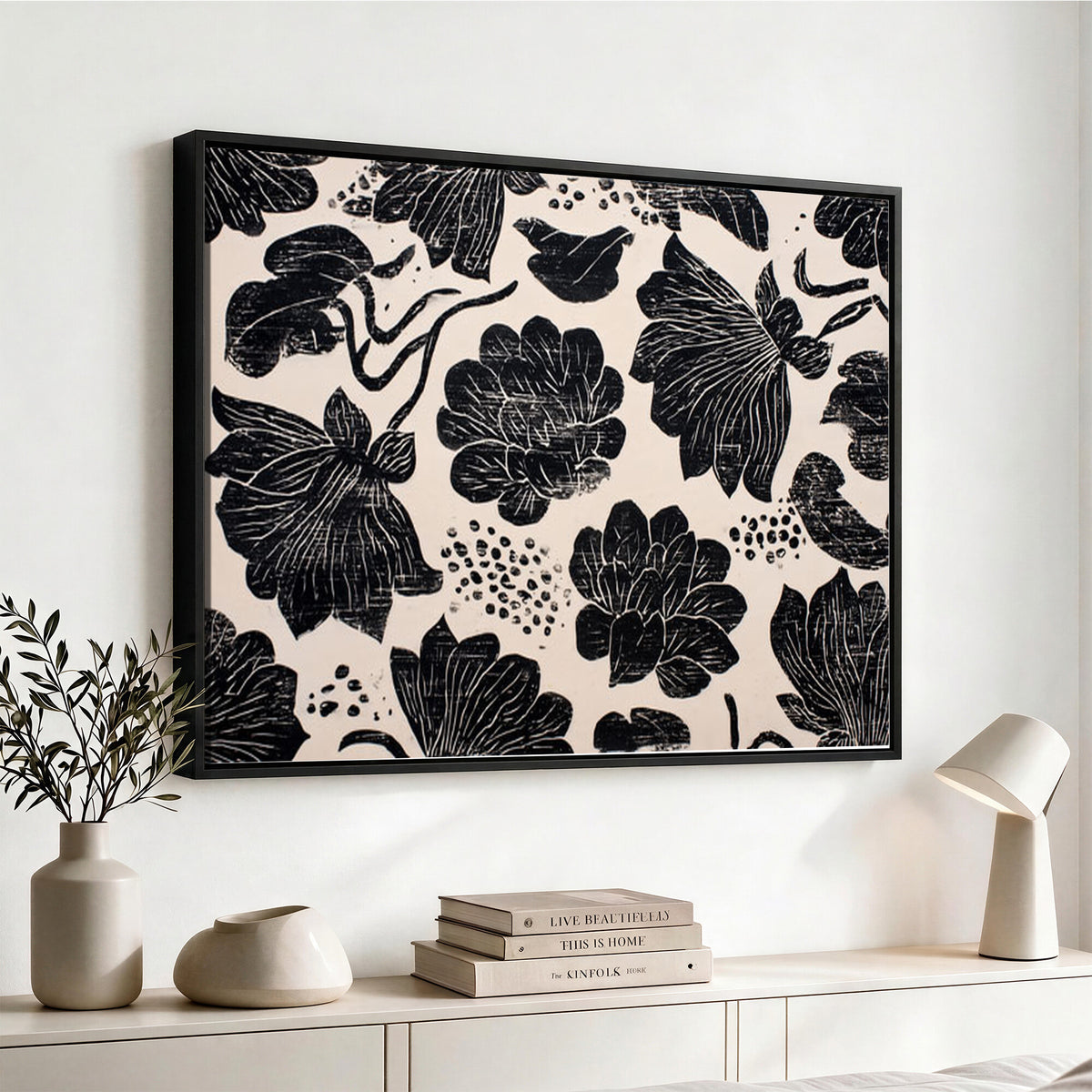 81787117-MGV-CV-36X24 - Linocut Black Lotus Floral Wall Art Canvas Print, Vintage Monochrome Botanical Painting Print