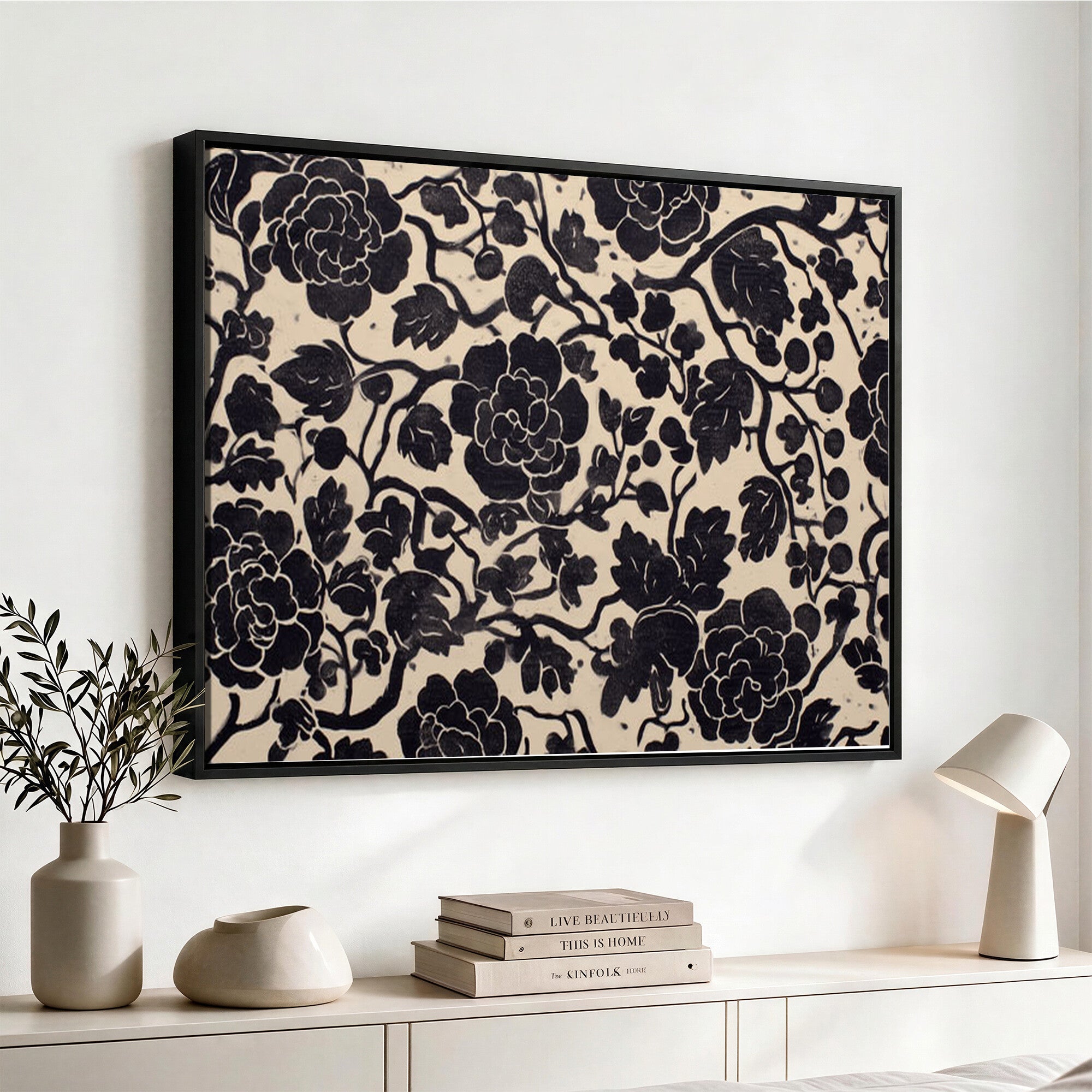 86696255-MGV-CV-36X24 - Vintage Black and Cream Floral Wall Art Canvas Print, Chinoiserie Botanical Painting Print