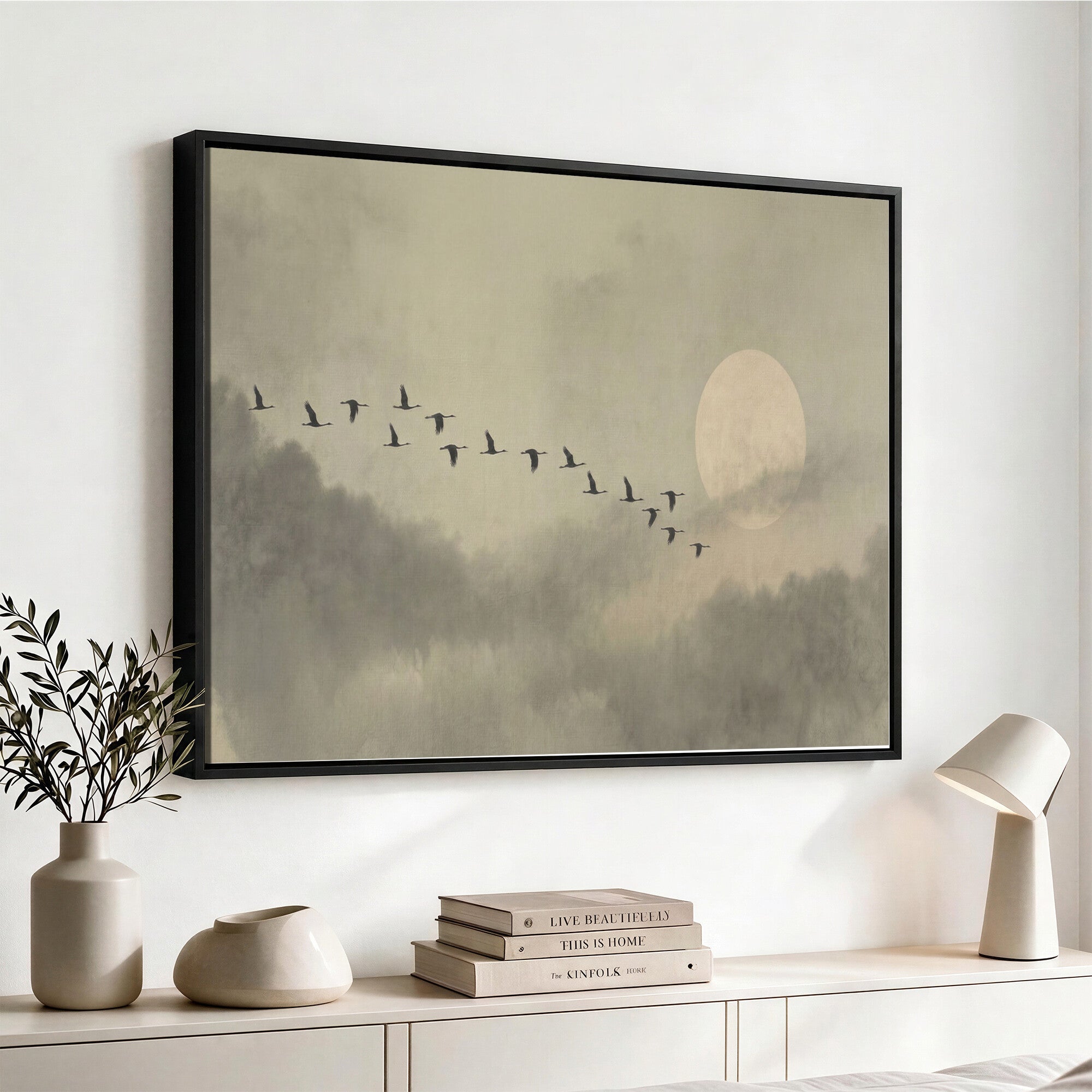 1209814B-MGV-CV-36X24 - Flying Cranes Canvas Wall Art, Misty Landscape with Moon, Sage Green Japandi Decor, Framed Print