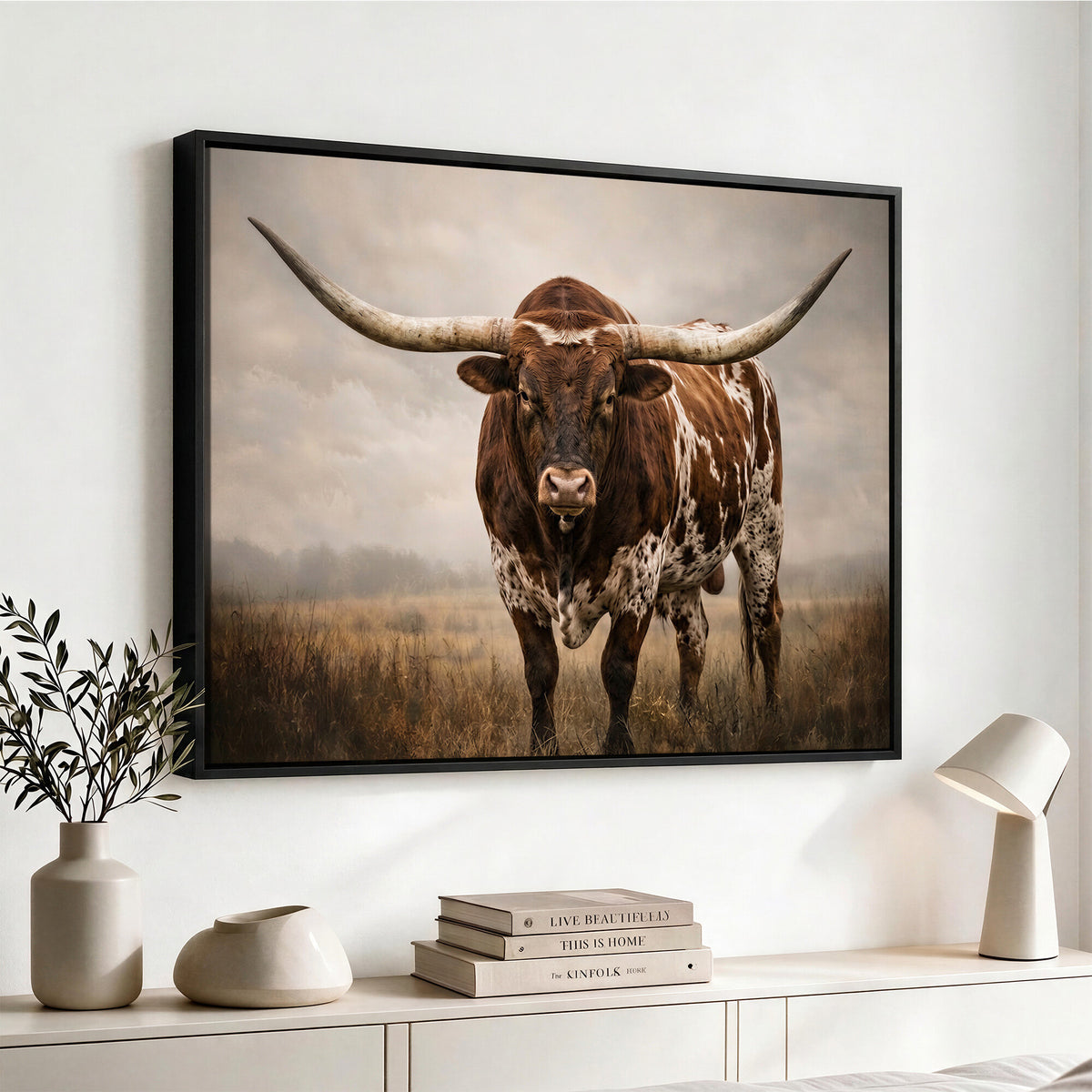 25239047A-MGV-CV-36X24 - Texas Longhorn Canvas Wall Art Western Bull Desert Moody Grey Overcast Rustic Farmhouse Framed Large for Living Room Bedroom Office Decor