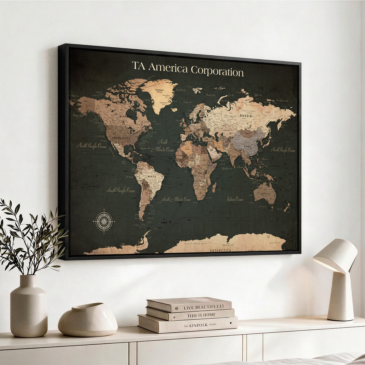 55857205-MGV-CV-36X24 - Extra Large Framed Personalize Push Pin World Map Wall Art Canvas Print for Travel Tracking