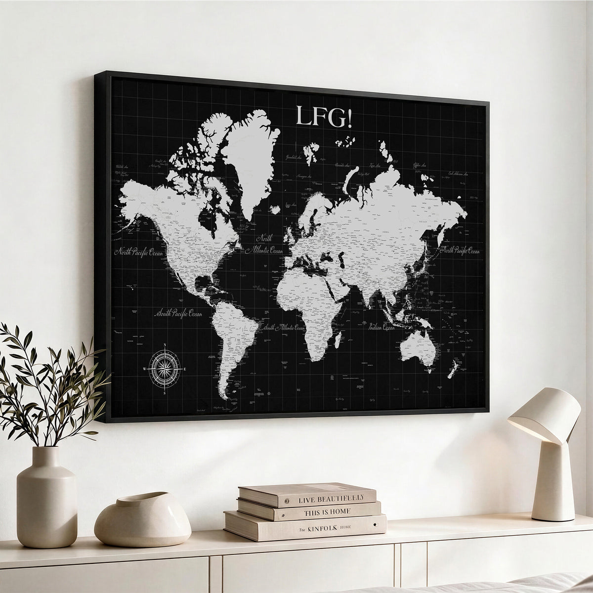 68209291-MGV-CV-36X24 - Extra Large Framed Personalize Push Pin World Map Wall Art Canvas Print for Travel Tracking