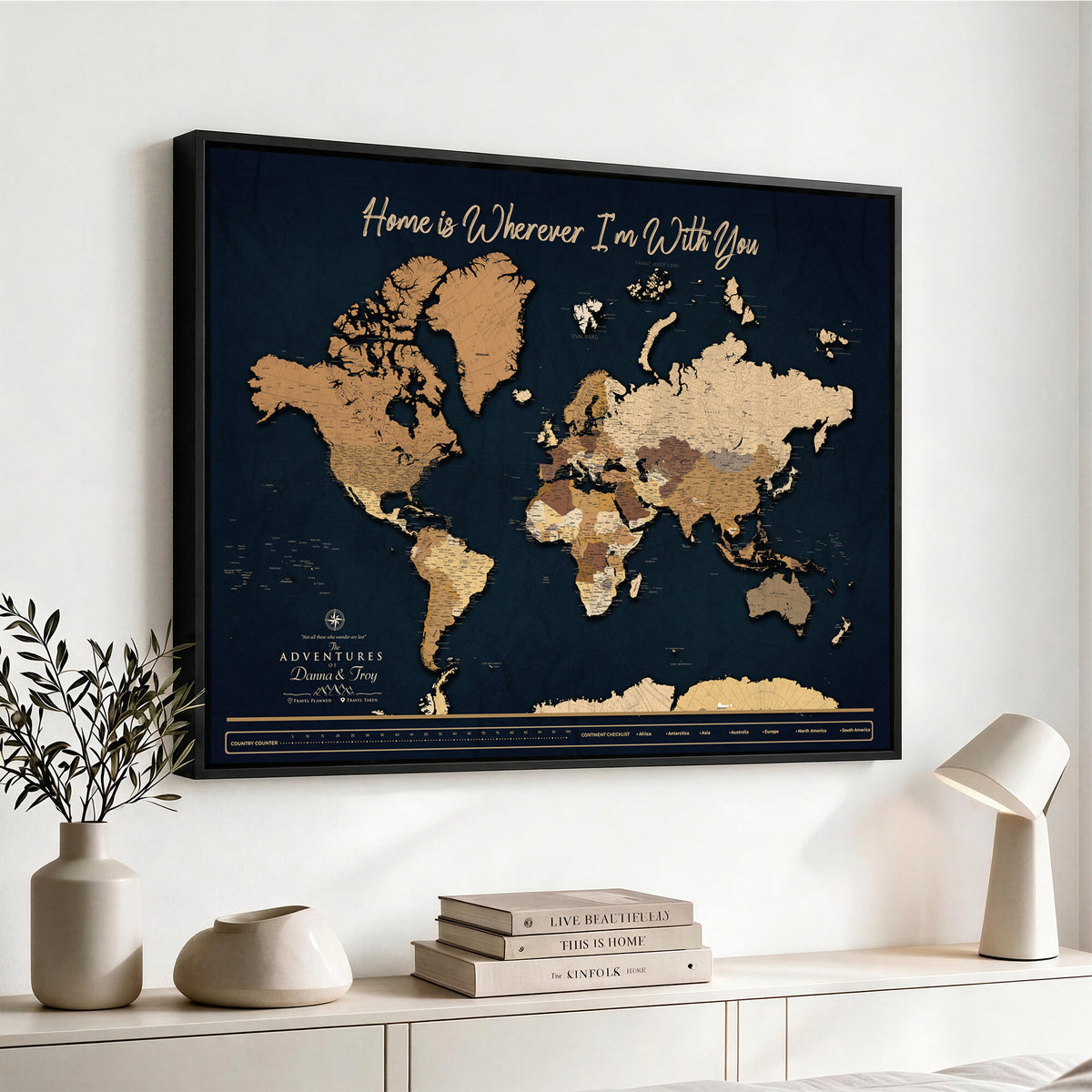 13903533-MGV-CV-36X24 - Extra Large Framed Personalize Push Pin World Map Wall Art Canvas Print for Travel Tracking