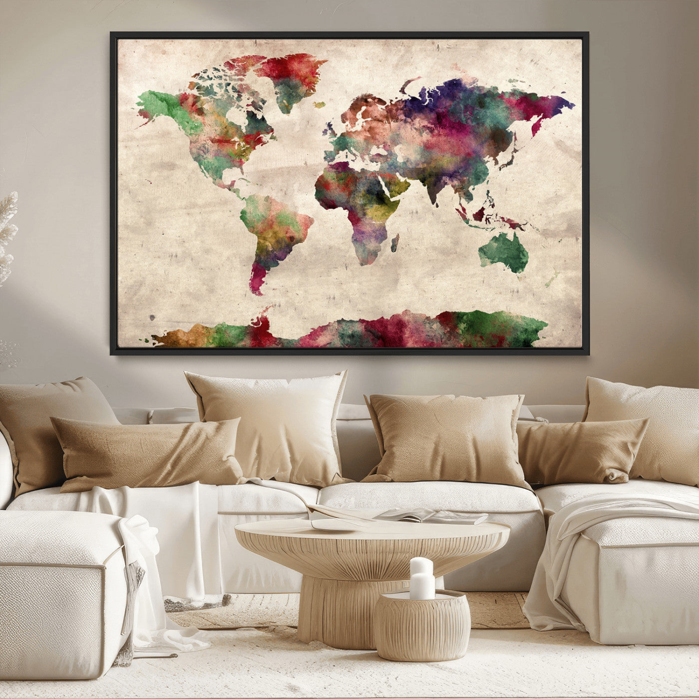 69476-MGV-FC-36X24_Black-Watercolor World Map Canvas Print – Framed Push Pin Wall Art for Couples, Colorful Travel Map Artwork for Elegant Home and Office Decor