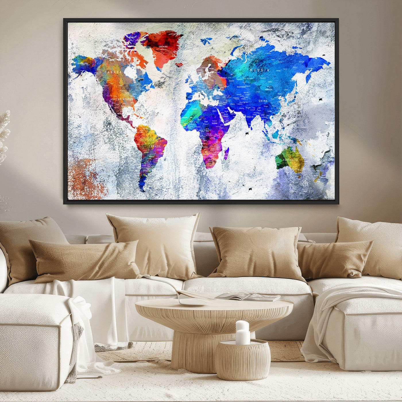 27352-MGV-FC-36X24_Black-World Map Canvas Print – Colorful Abstract Push Pin Travel Map, Framed Wall Art for Home or Office Decor