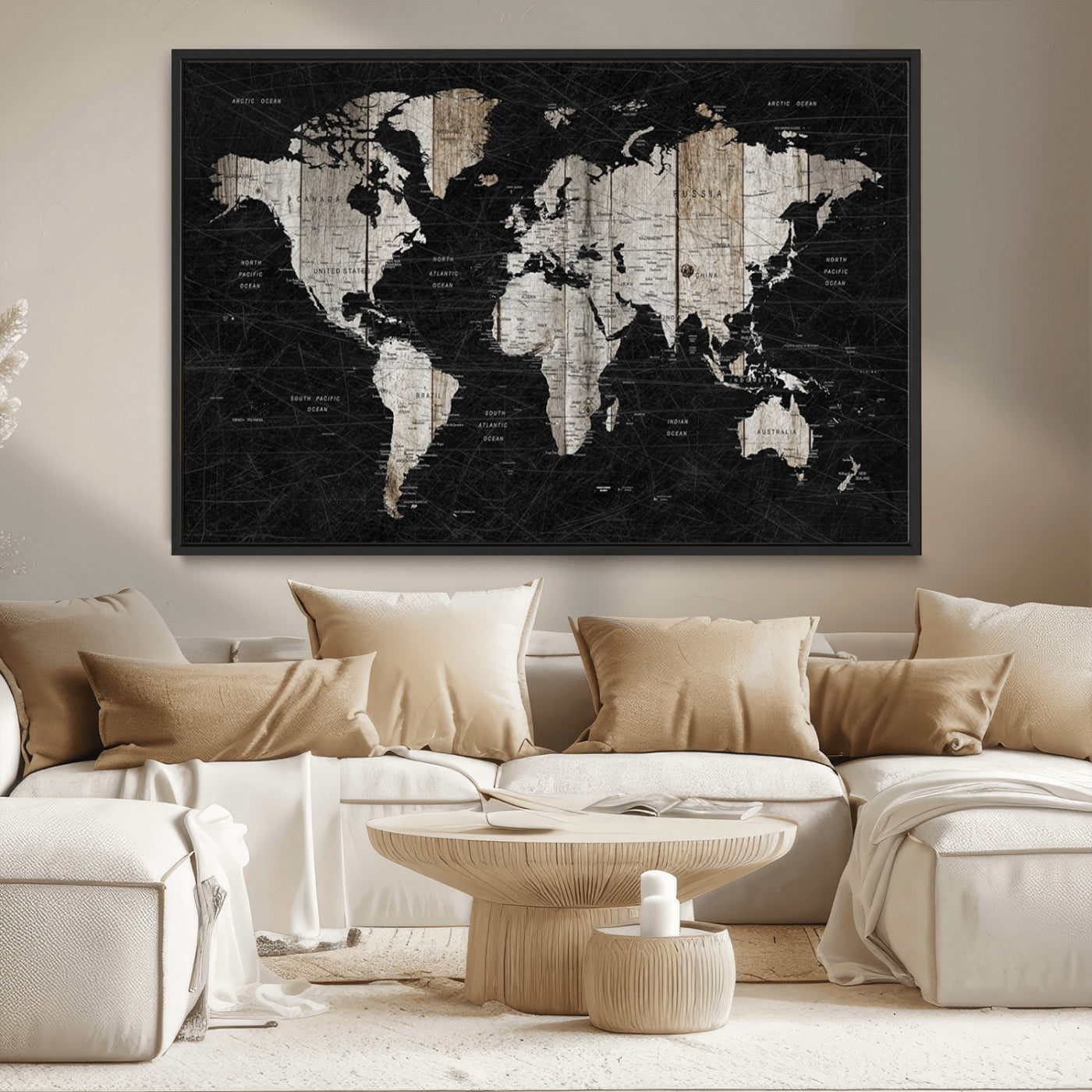 89998-MGV-FC-36X24_Black-Rustic Black and Wood World Map Canvas Wall Art – Framed Push Pin Travel Map for Home and Office Decor, Modern Vintage Wall Artwork