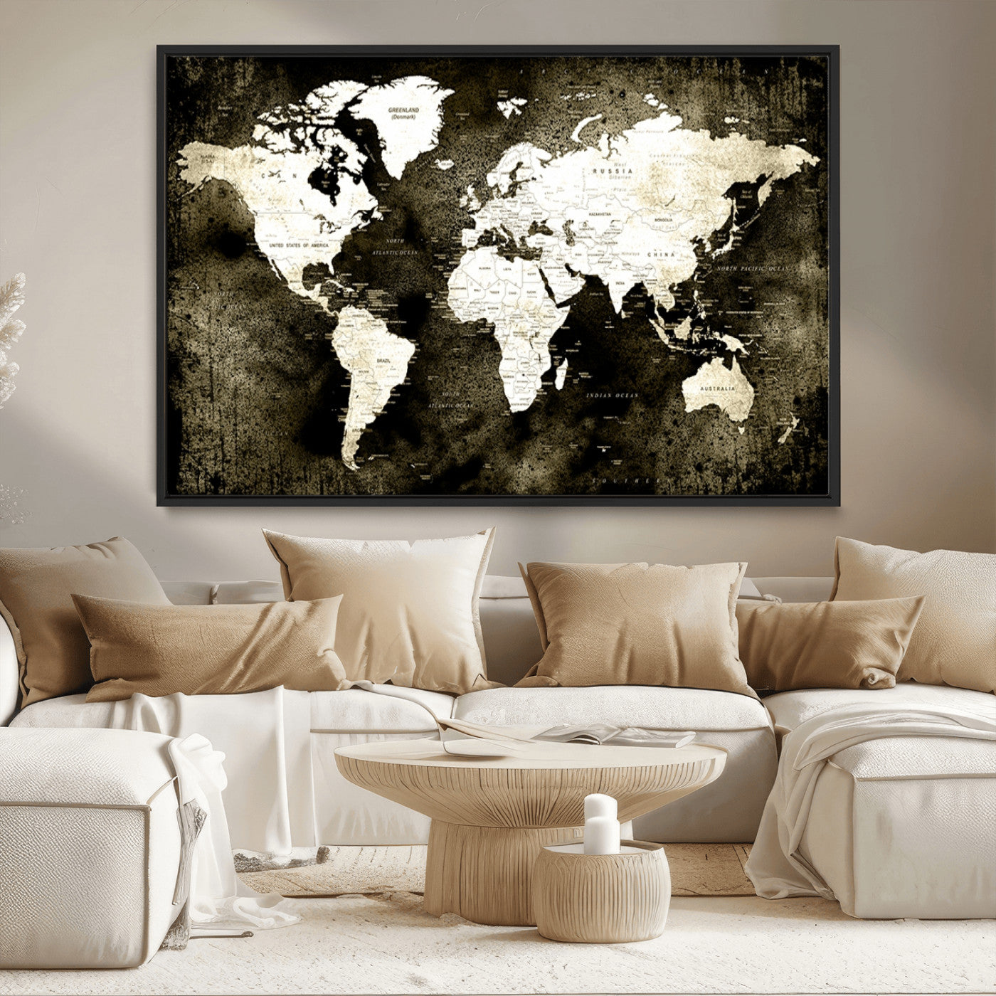 66737-MGV-FC-36X24_Black-Vintage World Map Canvas Wall Art – Framed Push Pin Travel Map for Home and Office Decor, Rustic Wall Artwork for Travelers