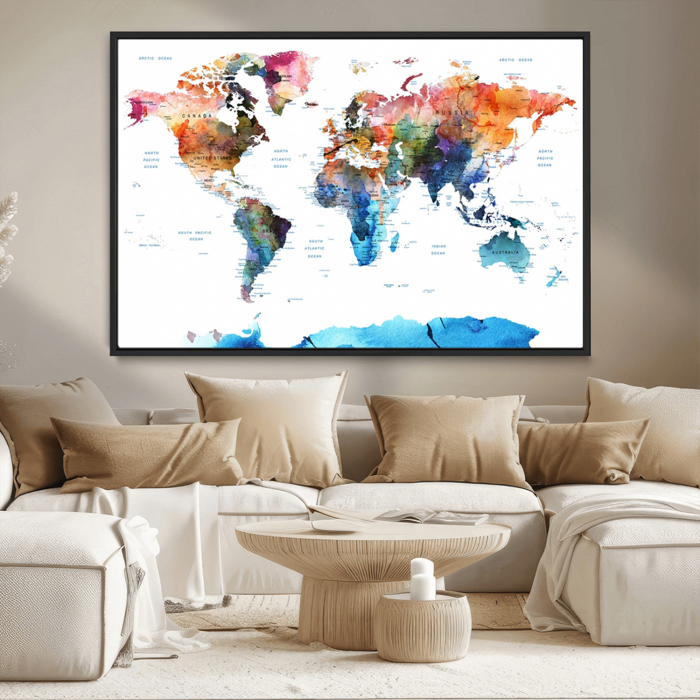 11576-MGV-CV-36X24-Vibrant Watercolor World Map Canvas Wall Art – Framed Push Pin Travel Map for Home and Office Decor, Modern Colorful Wall Artwork