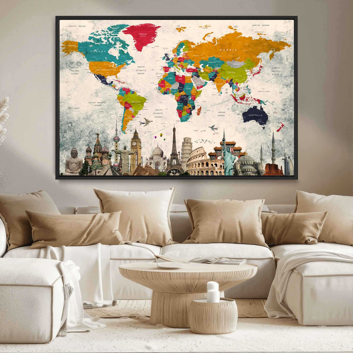 98056-MGV-FC-36X24_Black-Colorful World Map Canvas Wall Art with Landmarks – Framed Travel Map Print for Home and Office Decor, Perfect Gift for Travel Lovers