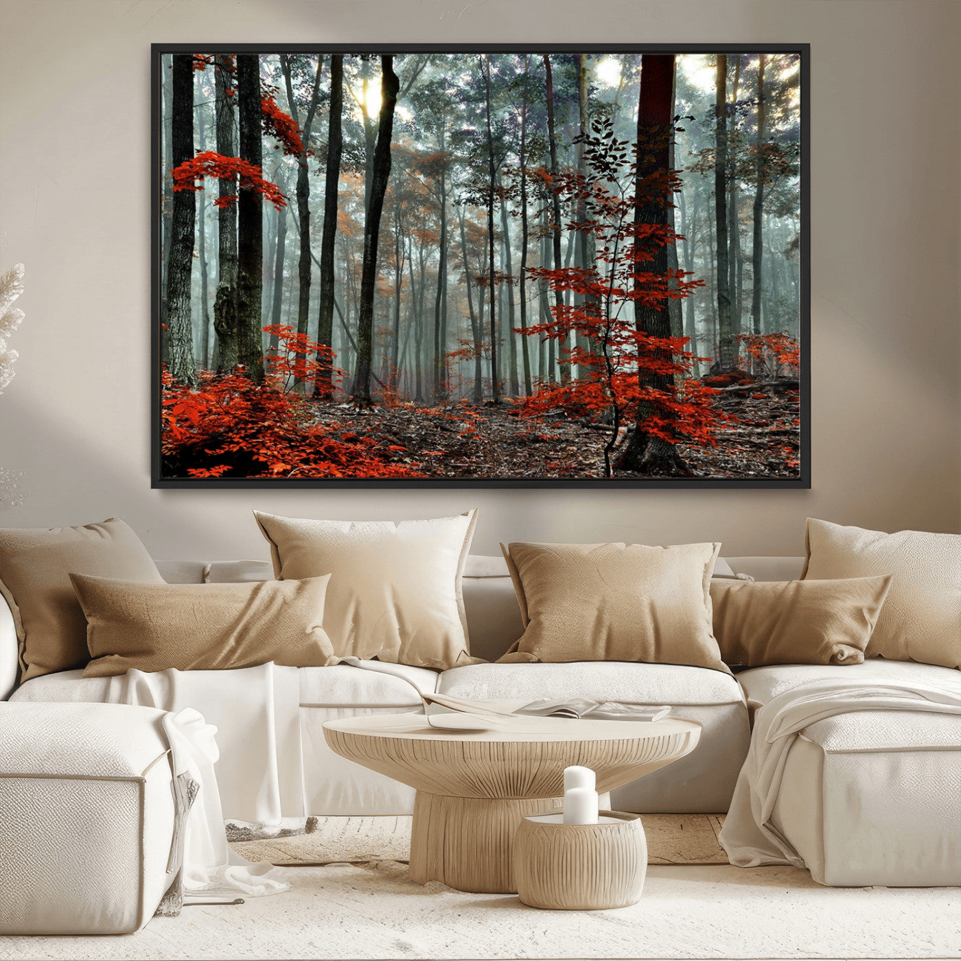 59209-MGV-CV-36X24-Autumn Forest Wall Art – Enchanting Red Leaves Canvas Print, Nature Inspired Fall Landscape Decor for Living Room or Bedroom