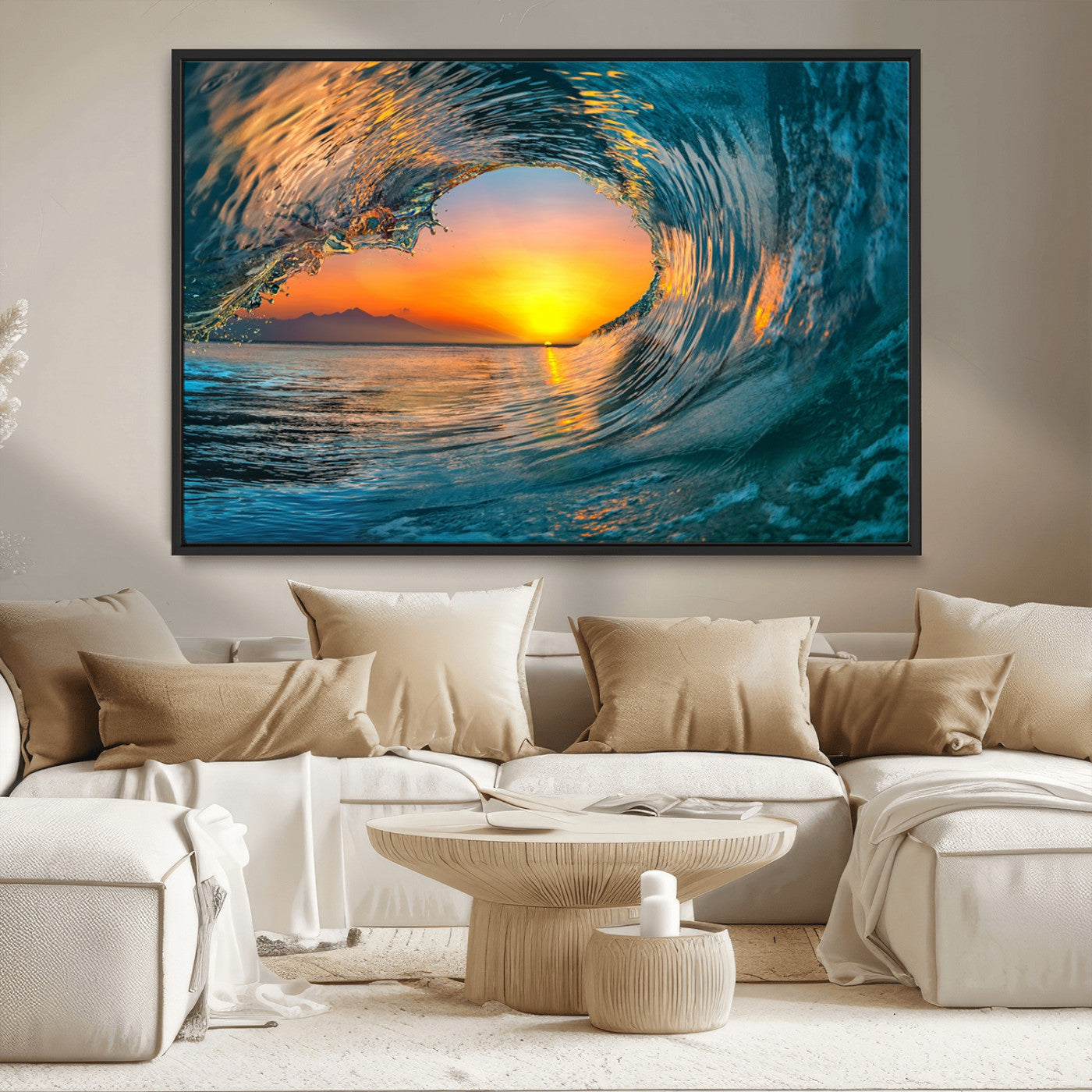 84279-MGV-CV-36X24-Ocean Wave Sunset Wall Art | Large Coastal Wave Canvas Print | 3-Panel Ocean Sunset Seascape for