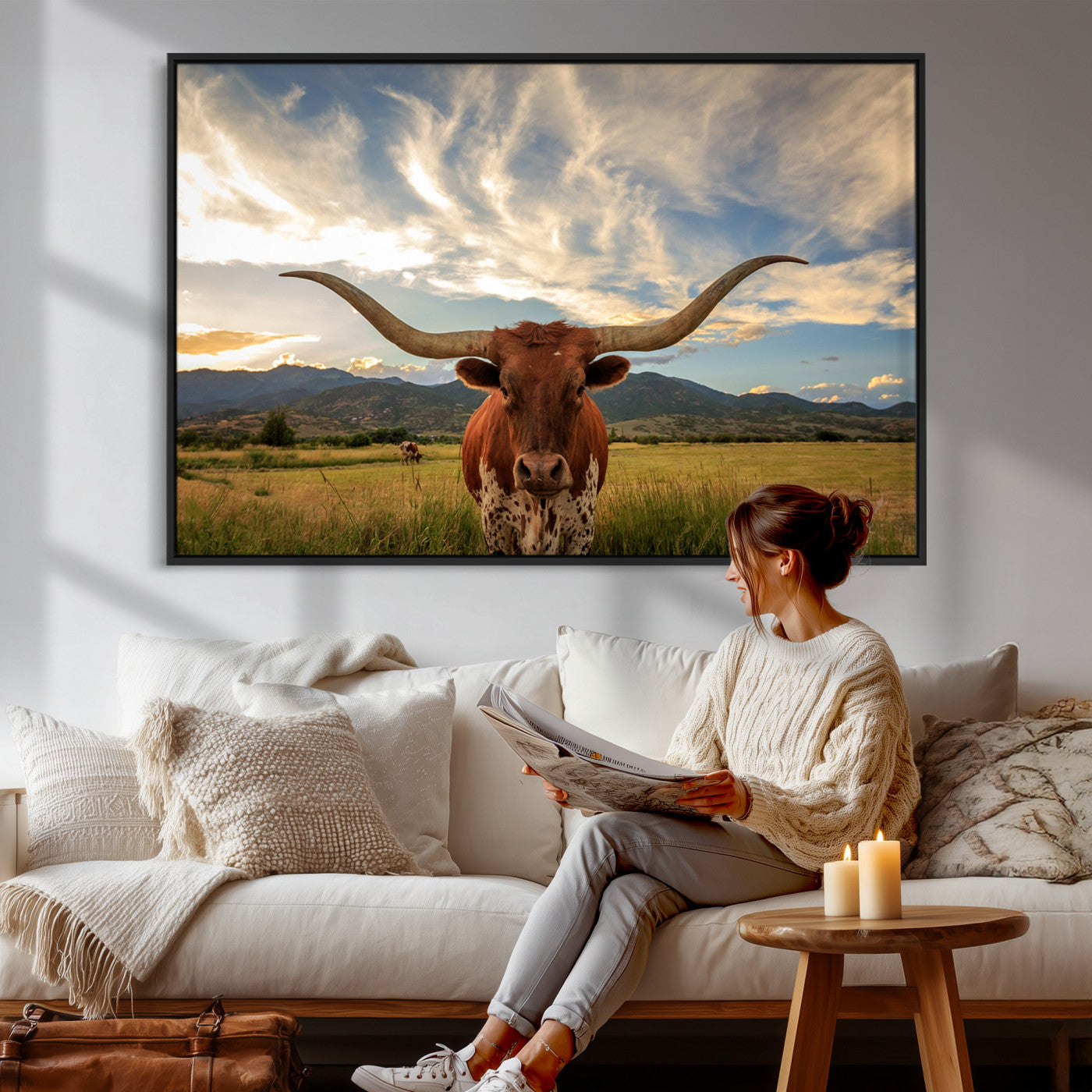 55416-MGV-CV-36X24 - Texas Longhorn Canvas Wall Art – Majestic Triptych Animal Print – Rustic Western Decor for Living Room