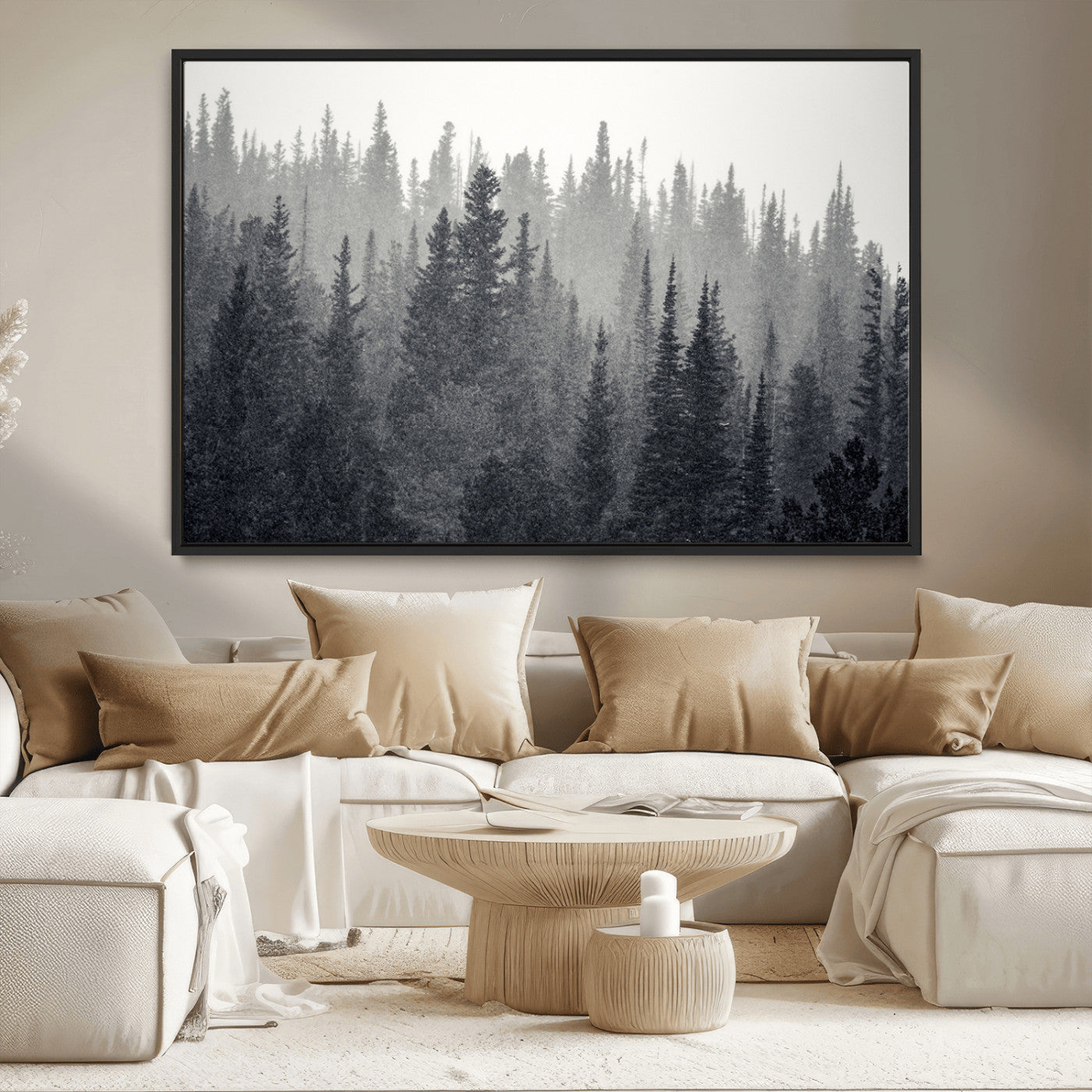 92450-MGV-FC-36X24_Black-Misty Forest Canvas Wall Art – Monochrome Triptych Pine Tree Print – Nature-Inspired Home Decor –