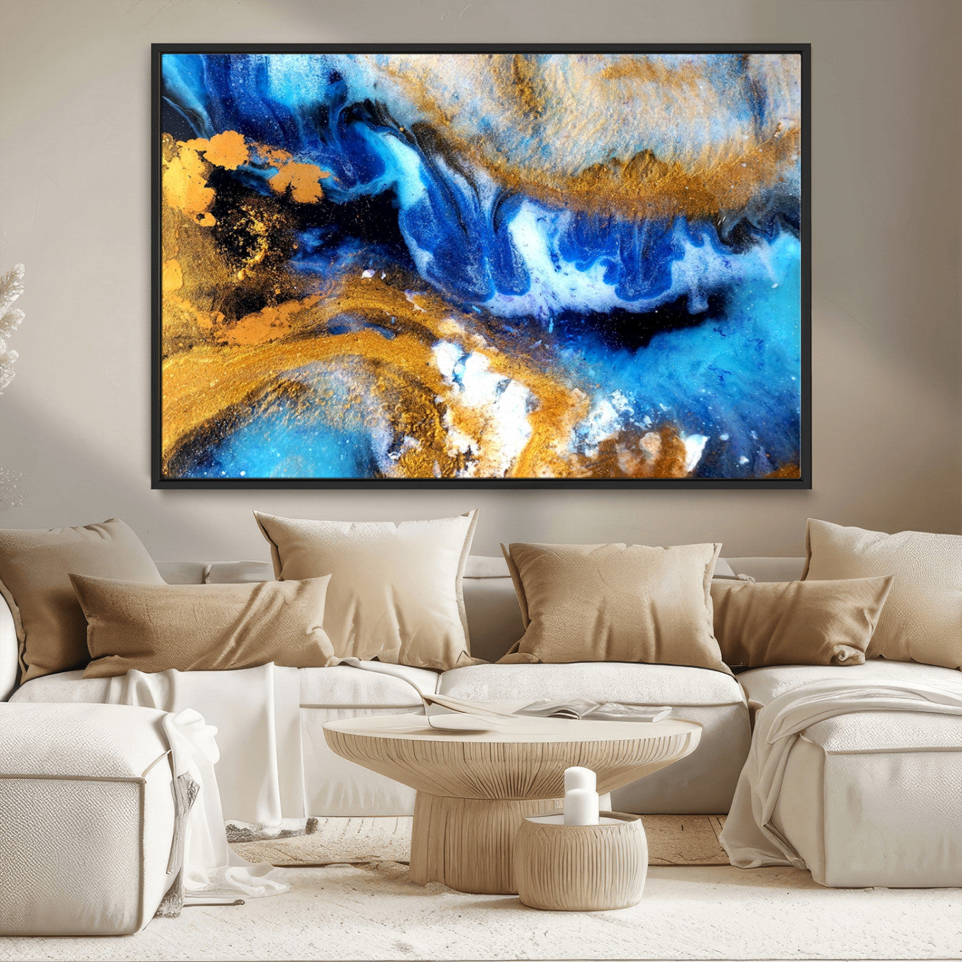 42100-MGV-FC-36X24_Black-Blue Orange Marble Fluid Effect Canvas Wall Art Print