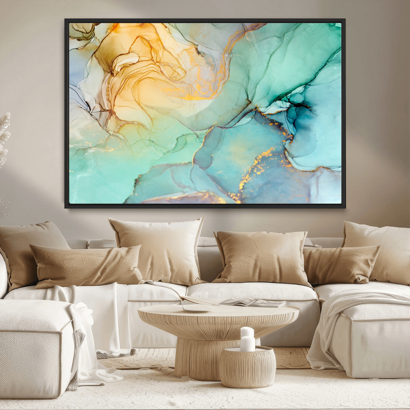 47242-MGV-FC-36X24_Black-Green Marble Fluid Effect Wall Art Abstract Canvas Wall Art Print