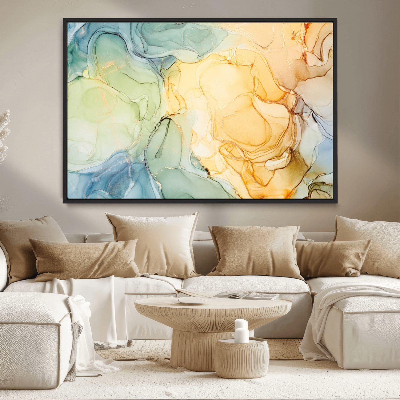 42195-MGV-FC-36X24_Black-Green and Yellow Marble Fluid Effect Wall Art, Green and Yellow Marble Canvas Wall Art Print