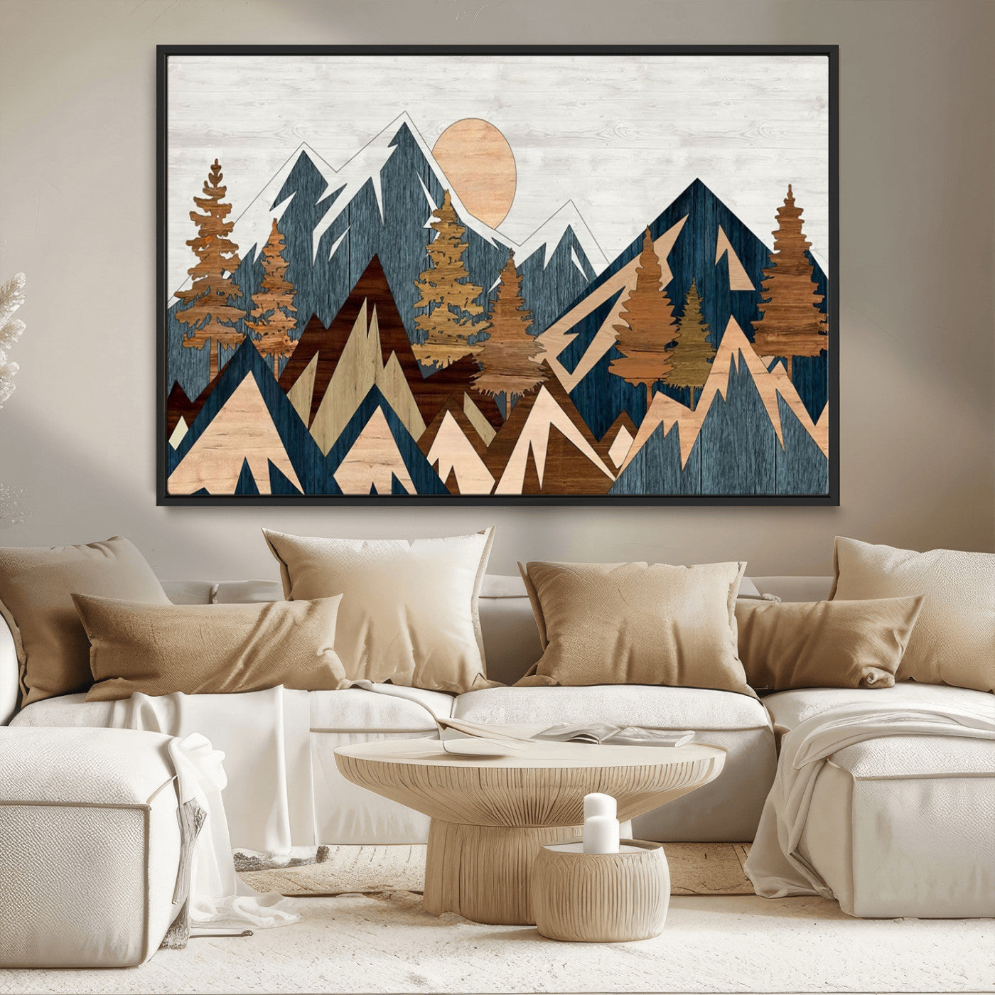 91467-MGV-CV-36X24-Abstract Wood Panel Effect Mountain Range Top Wall Art Canvas Print