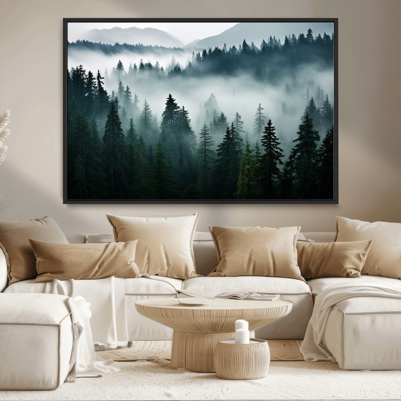 90079-MGV-FC-36X24_Black-Captivating Misty Forest Wall Art Canvas, Premium Canvas Print a Foggy and Serene Atmosphere
